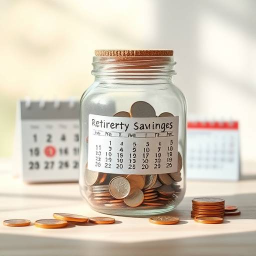 Retirement savings jar with coins and a calendar marking retirement date